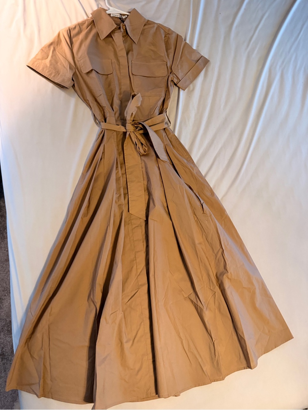 Women’s Tan Maxi Shirtwaist Dress with Tie Waist